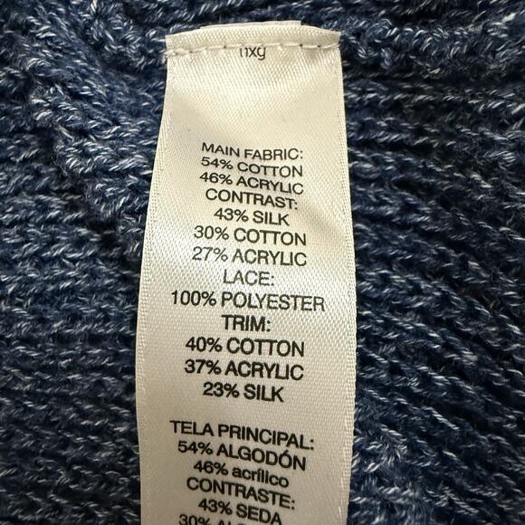 Chico’s Blocked Lace Denalia Cardigan Size 2/L Blue Patchwork Fringe Long Line - Picture 8 of 12